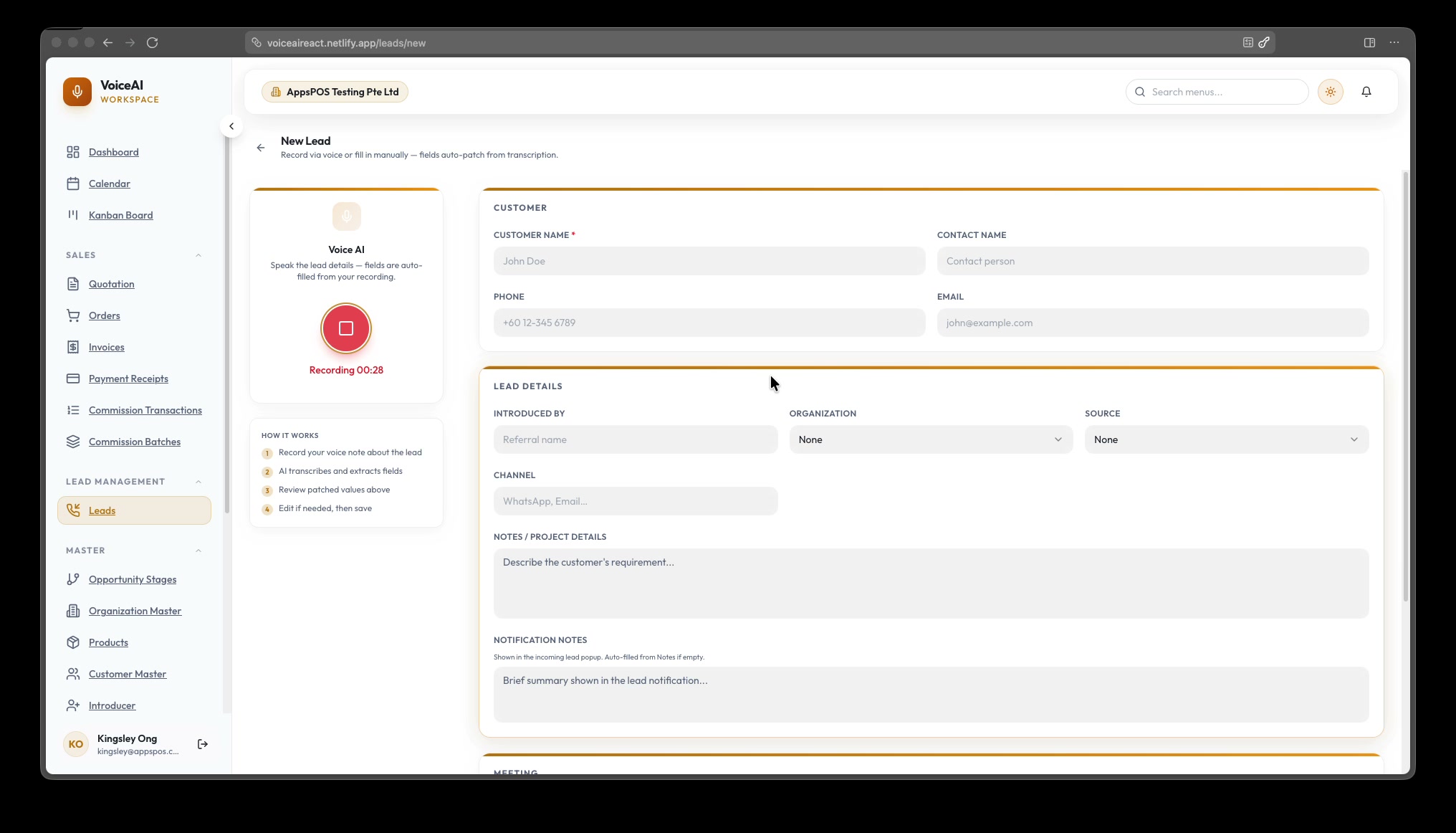 Voice AI workspace showing a recorded lead and CRM fields populated from transcription