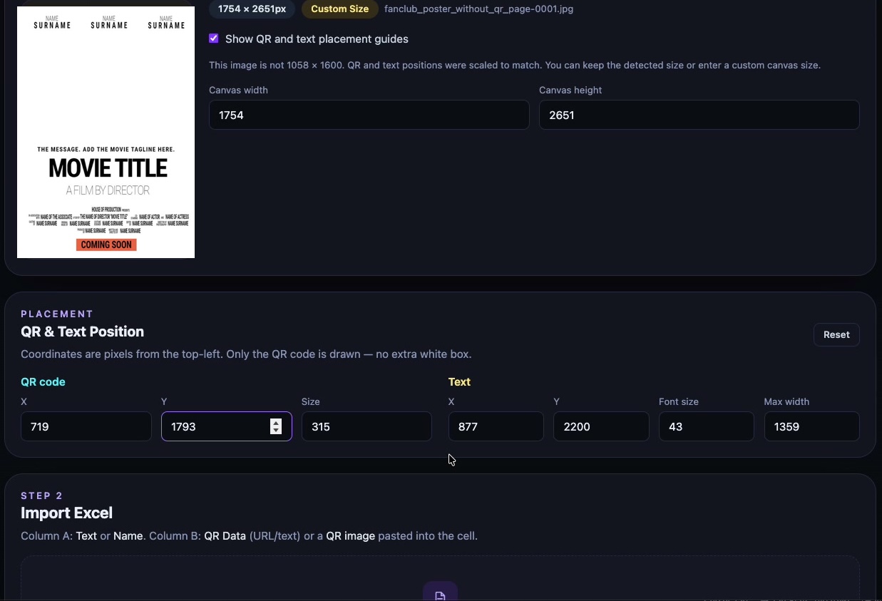 QR signage workflow showing poster setup, QR and text placement controls, and Excel import